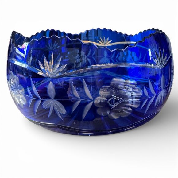 Other - Vintage Cobalt Blue Cut Crystal Bowl Bohemian Style Floral Overlay Heavy Glass